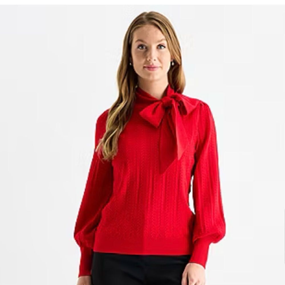 NWT Worthington Red Bow Blouse sweater Size M Tie Neck Long Sleeve Career Top